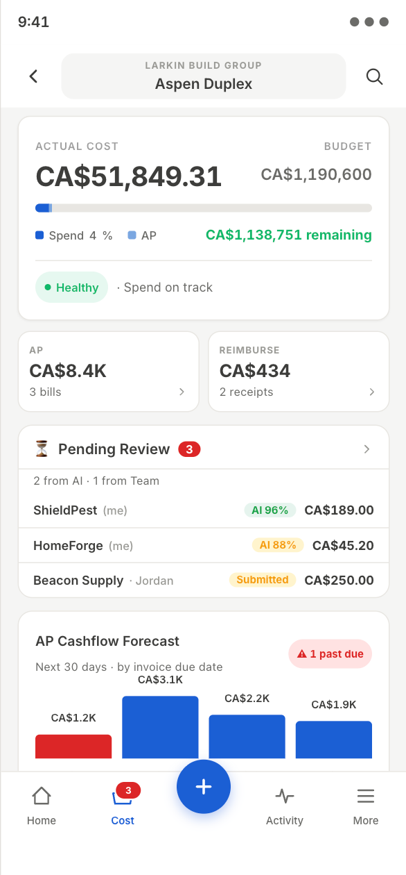 BuildMind Cost page — Aspen Duplex actual cost, AP, and pending review